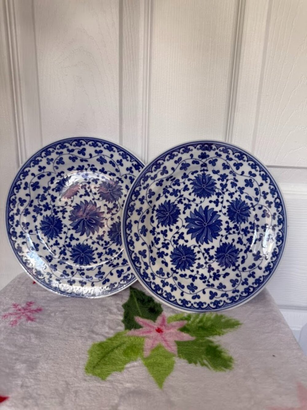 Vintage Chinese Bleu and White Lotus Scroll  Plate Collection